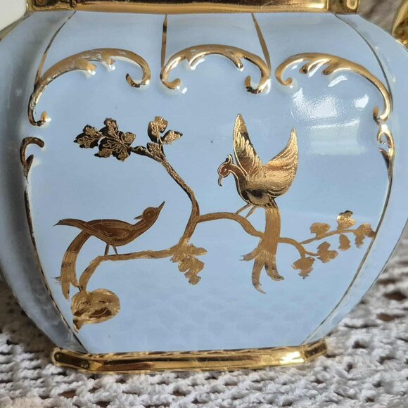 RARE 1930s Sadler Cube Teapot from England - Blue, 24KT Gold Gilding, with Birds - Picture 7 of 15